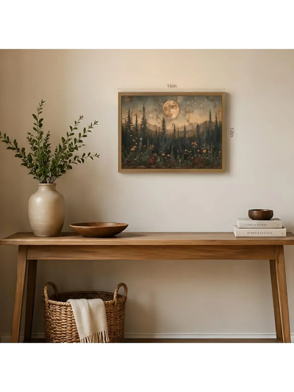 Rustic Forest Landscape Wall Art, Vintage Moon Pine Tree Canvas Print 16x24